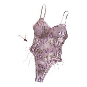 Romantic Floral Embroidered Corset Bodysuit with Side Lacing NWOT